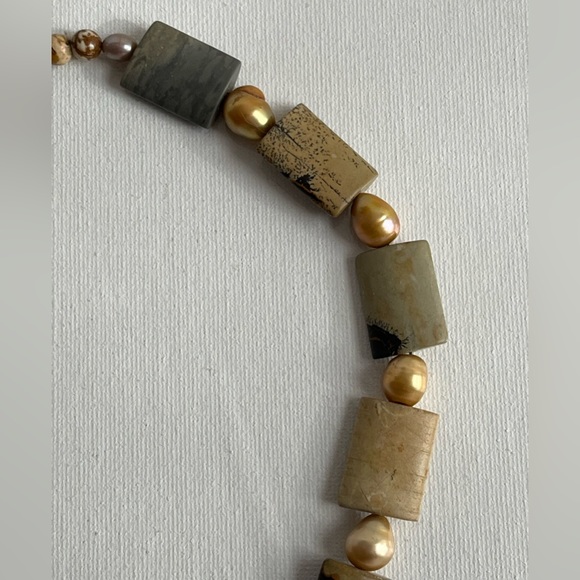 Jasper and Gold Pearl 18” Necklace and Earrings Set Sterling Silver - Picture 9 of 11